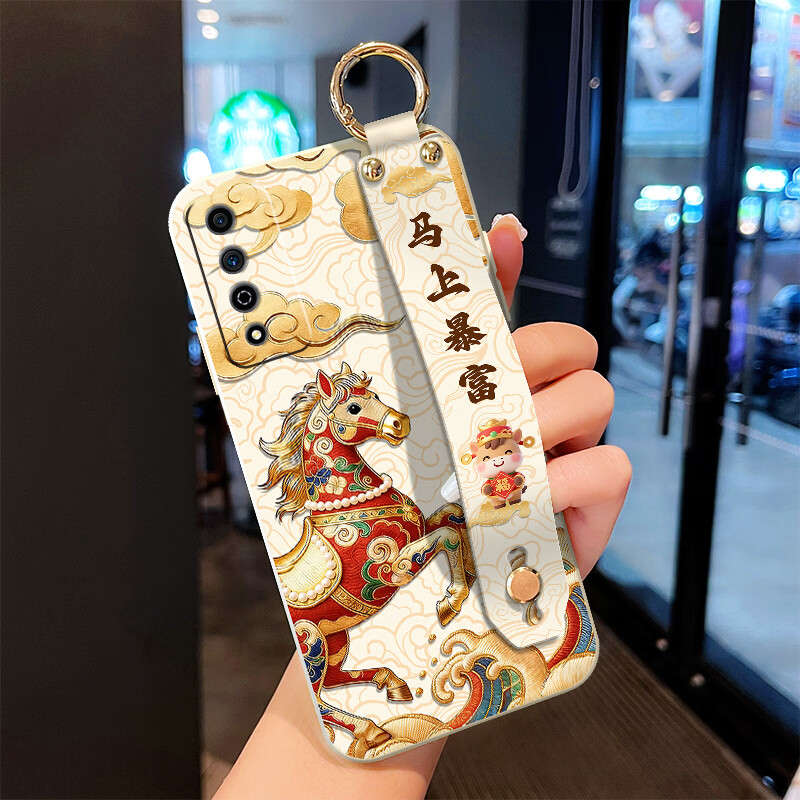 尤思时适用荣耀Play5T手机壳5TPro带支架保护壳荣耀play4tpro女款斜挎挂脖软硅胶防摔保护套新年红色喜庆 古董白-鎏金马上发财白【单壳】 荣耀 PLAY5TPRO