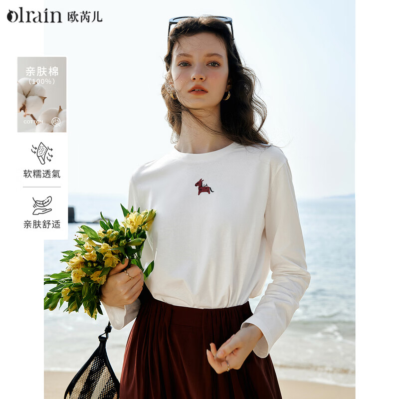 Olrain【5折】通勤趣味小马驹刺绣纯棉长袖T恤女春季2026新款圆领上衣 米白色 M