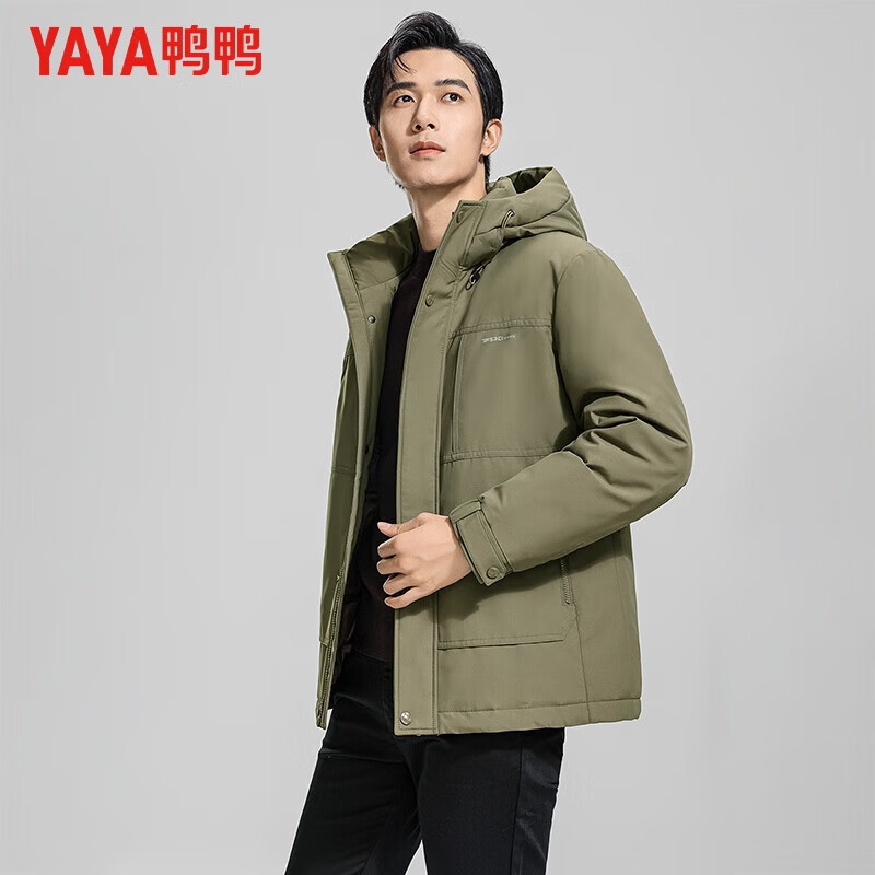 鸭鸭（YAYA）羽绒服男短款连帽宽松厚款保暖中青年2025冬季新年户外工装外套 卡其 2XL 185(建议155-170斤)