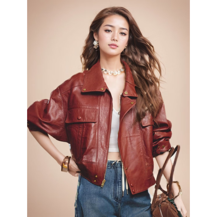 MODX皮衣女2026春秋新款油蜡绵羊皮真皮外套时尚简约短款休闲皮夹克 巴萨诺瓦红 L