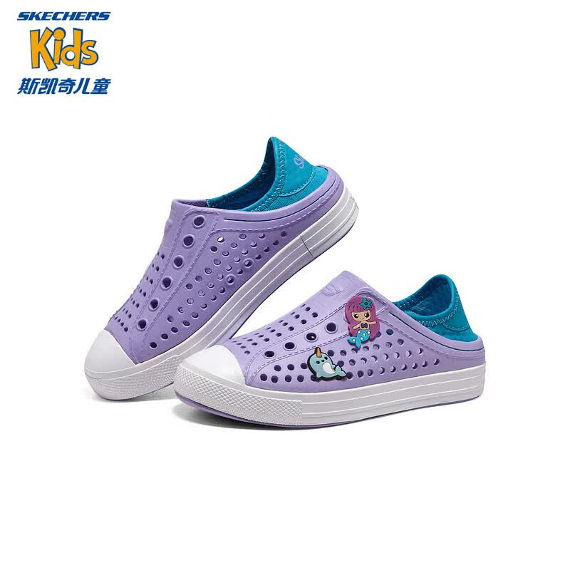 Skechers斯凯奇儿童鞋一脚蹬包头凉鞋夏季男女洞洞鞋中大童沙滩鞋308310L 女童/薰衣草色/浅绿色/LVAQ 30