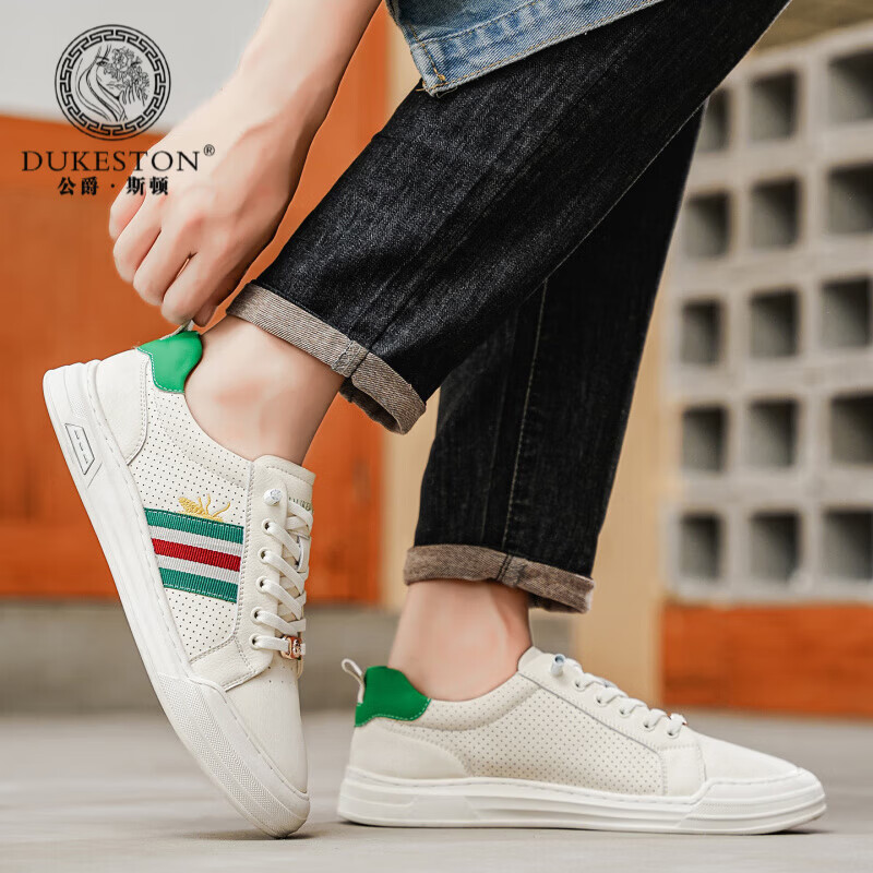 公爵斯顿 DUKESTON轻奢男鞋休闲板鞋鞋面透气孔设计简约时尚轻便百搭网面复古 米色 40 标准皮鞋尺码