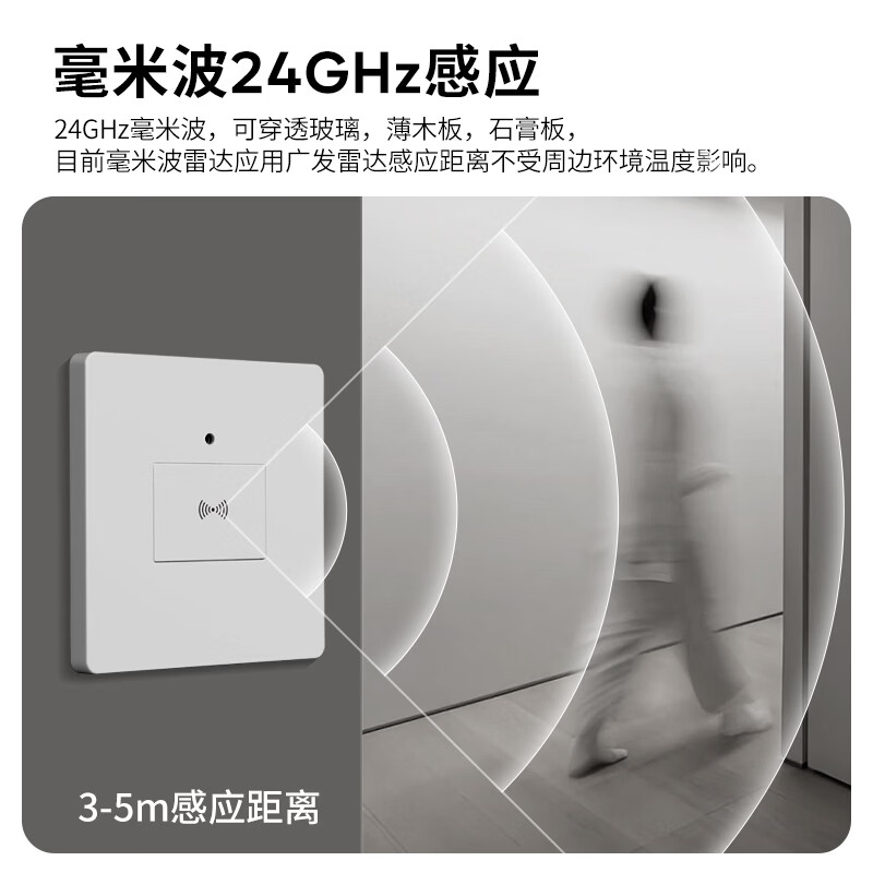 国际电工人体存在感应开关吸顶嵌入式楼道人走灯灭智能延时微波雷达感应器 面板式人体存在感应器【86型】