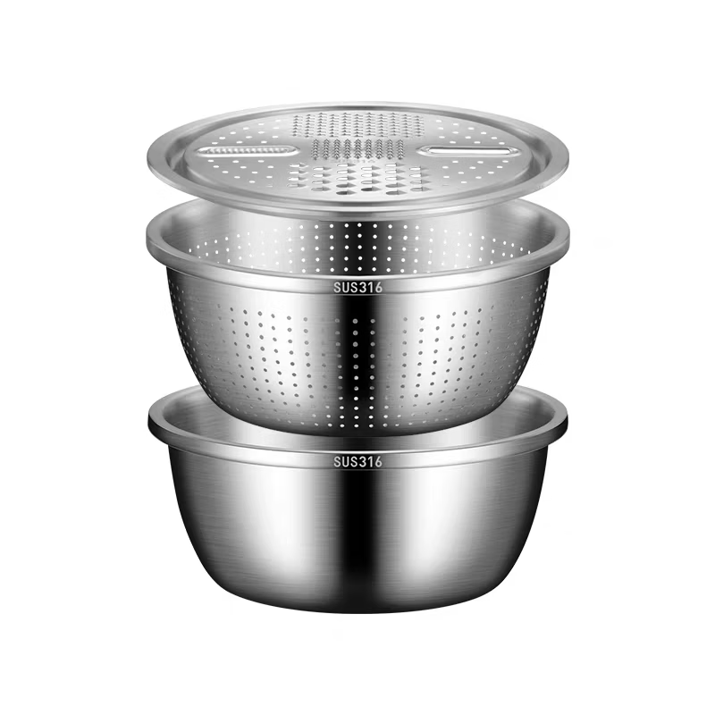 金汤银饺沥水篮厨房用品不锈钢洗菜盆三件套家用厨房用品沥水篮收纳盒 22CM刨丝盆三件套