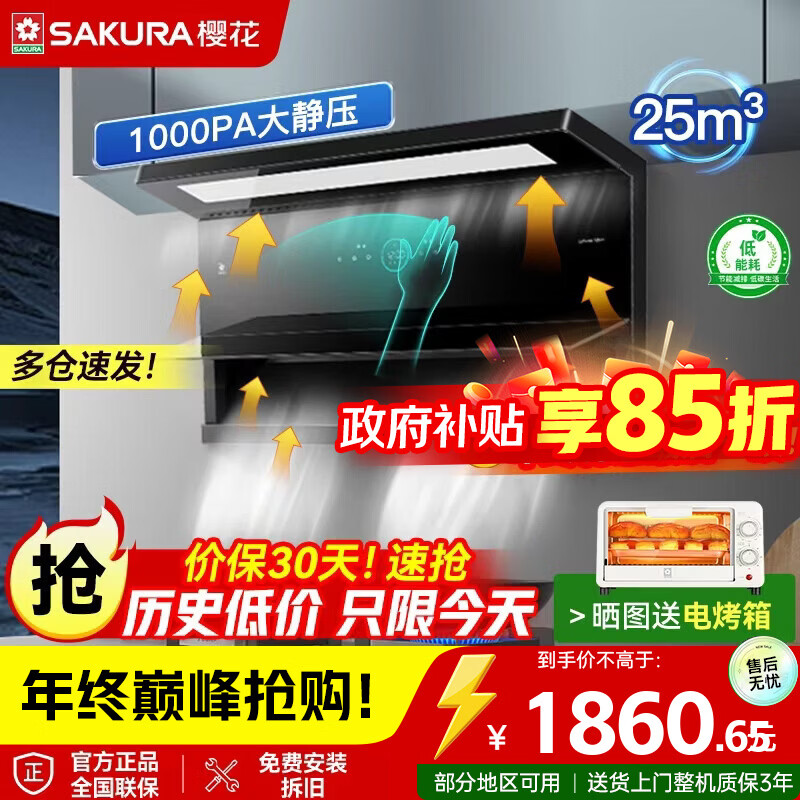 樱花（SAKURA）家用顶侧双吸油烟机25立方大吸力变频油烟机厨房免拆电热自清洗1000Pa大静压一级能效 单烟机CXW-288-TQE01