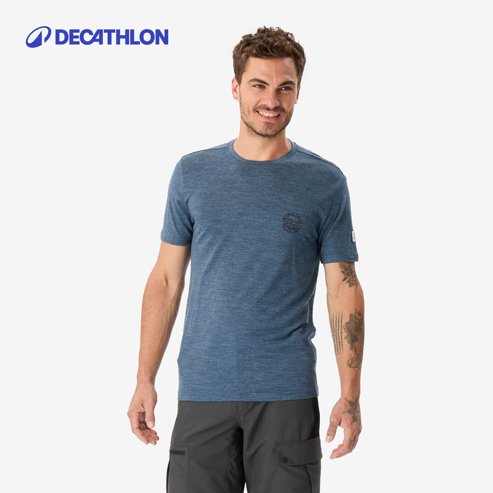 迪卡侬美利奴羊毛运动T恤速干抑菌防臭休闲上衣短袖户外男 蓝色-2026年新色  70% 绵羊毛 L