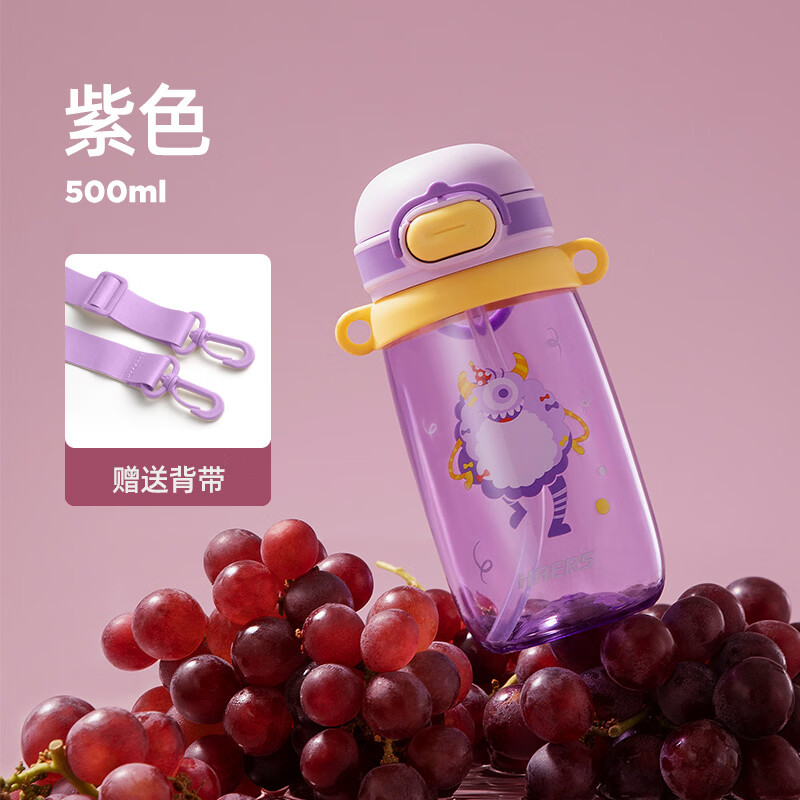 哈尔斯(HAERS)儿童吸管塑料杯宝宝水杯幼儿园新年礼物饮水杯专用水壶 紫色500ml