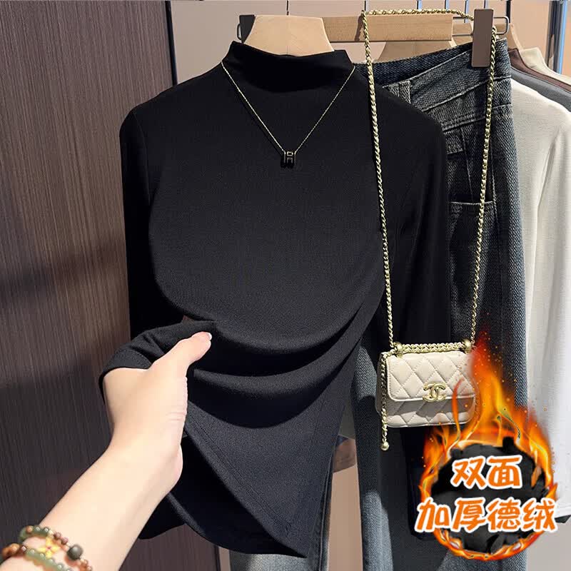 【工厂发货】女装秋冬衣服磨毛半高领内搭打底衫女t恤长袖加厚保 白色【德绒磨毛加厚】 L 建议100-115斤