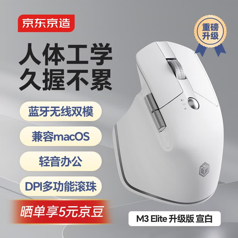 京东京造M3 Elite 升级版人体工学鼠标 无线蓝牙办公 轻音按键 充电 适用苹果Mac华为Matebook笔记本 宣白