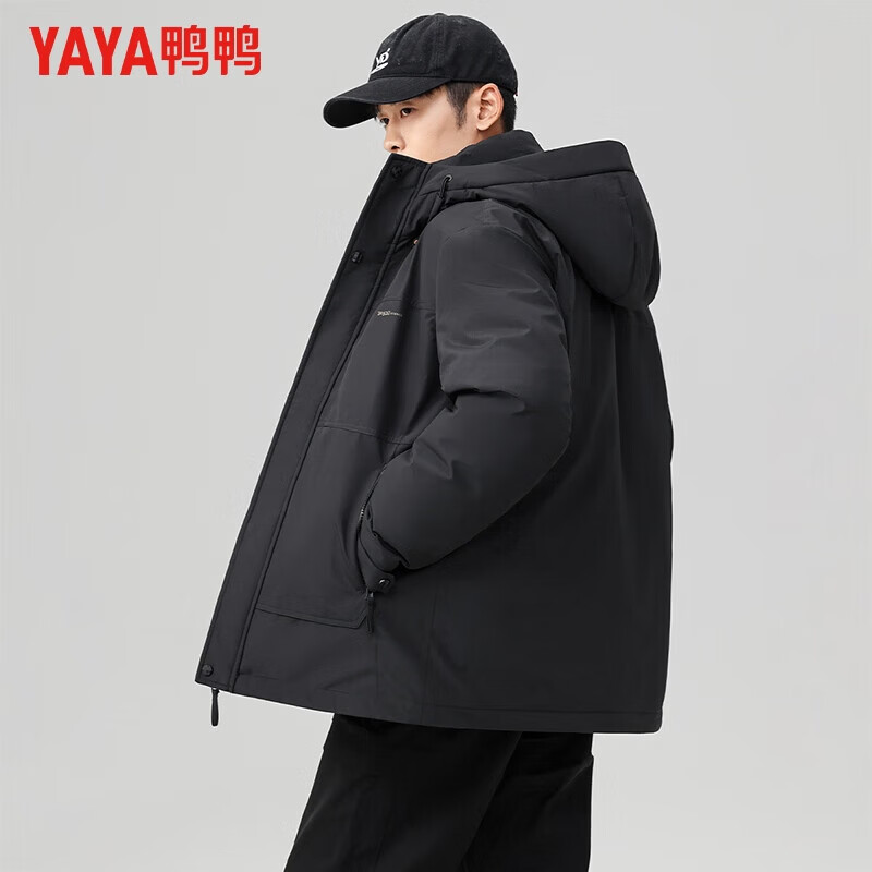 鸭鸭（YAYA）羽绒服男短款连帽宽松厚款保暖中青年2025冬季新年户外工装外套 黑色 L 175(建议125-140斤)