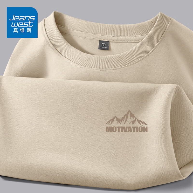真维斯（Jeanswest）美式长袖t恤男春夏季重磅宽松体恤透气纯棉打底衫青少年休闲上衣 浅卡其 棱角山脉_K L