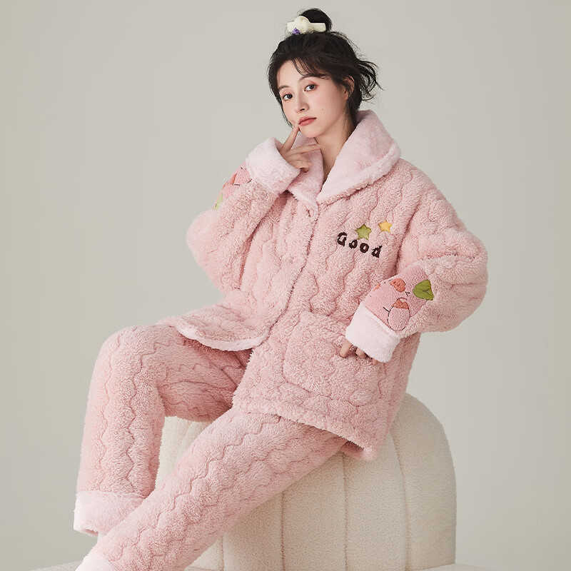 缪黛 MAULTIAY珊瑚绒冬季睡衣女保暖加厚加绒三层夹棉袄秋冬款套装法兰绒家居服 限时秒杀 《少量现货》 M