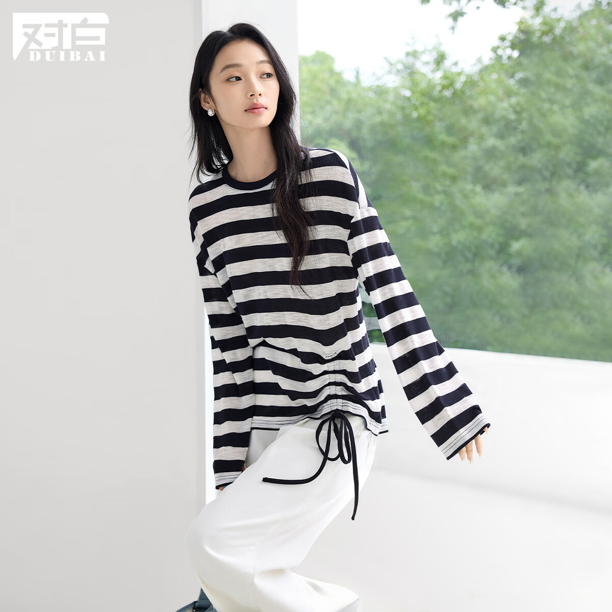 对白（DUIBAI）简约软糯条纹针织衫长袖T恤女2026春新款松弛感抽绳圆领上衣 蓝白条纹 M