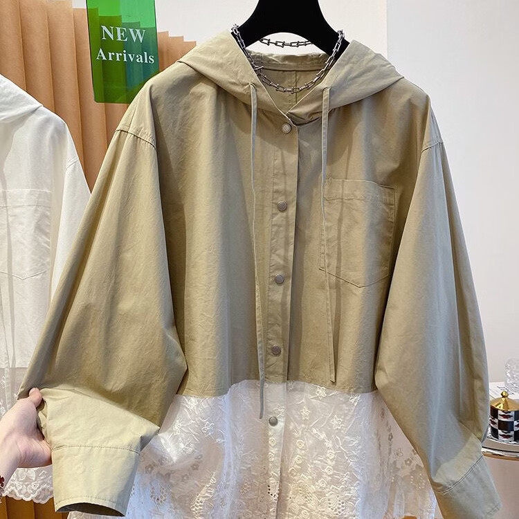 LOOK LOOK蕾丝拼接连帽衬衫女 2025秋季宽松长袖 简约上衣外套 5XL (120)