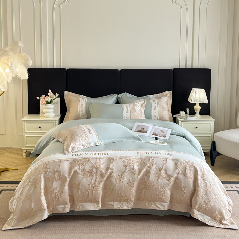 水星家纺四件套长绒棉纯棉亲肤棉浮雕刺绣被套床单床笠款床上用品 盛世年华-繁星蓝 床单款 1.8四件套-被套200x230