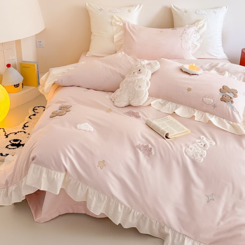 ROLAND LIVE春夏长绒棉四件套可爱小熊贴布绣全棉被套床单女孩子卧室三件套 WL 长绒棉套件-BABY 熊【送同款小兔抱枕】 1.2米床 床单款 【被套150*200cm】