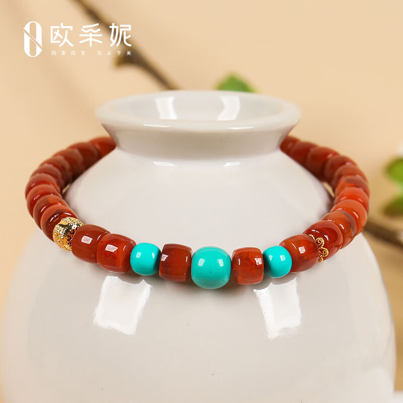 欧采妮(OUCERNY)南红手串天然凉山18k金五条轮珠牛血红火焰纹玛瑙直切绿松diy手链 天然南红 一物一证