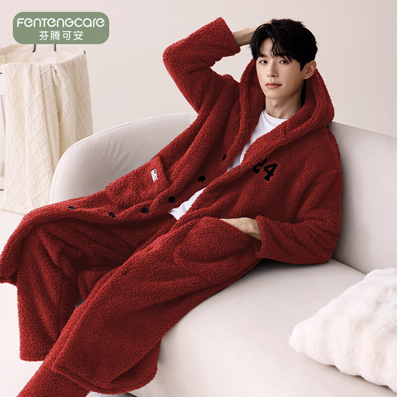 芬腾可安（FENTENGCARE）【M】情侣睡衣秋冬款珊瑚绒冬季女法兰绒加绒加厚 M61047 L【睡袍+裤子】