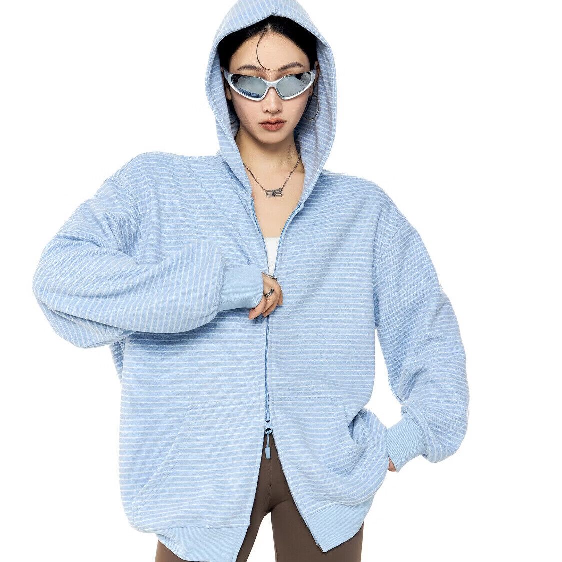 ICH MODE明星同款连帽条纹外套女春季新款拉链运动卫衣开衫上衣 蓝色 L