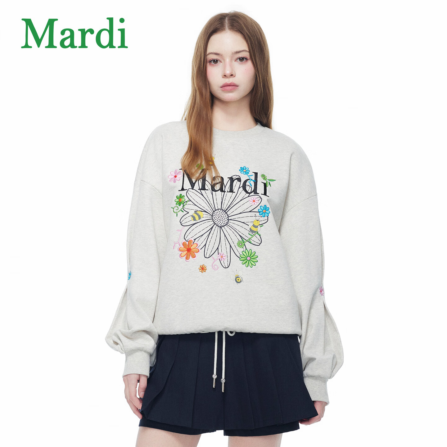 MARDI小雏菊2026春季新款圆领卫衣女宽松套头长袖印花上衣MWY2612257 米白 均码