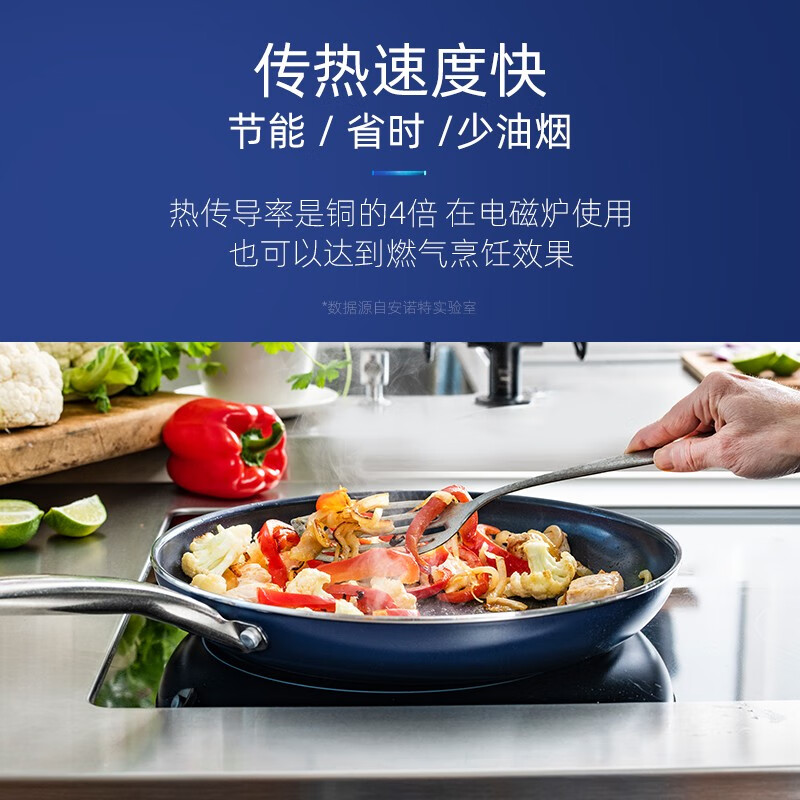 BLUE DIAMOND蓝钻平底锅钻石不粘锅陶瓷煎锅煎蛋家用燃气灶电磁炉通用牛排煎锅 配盖 20cm 8
