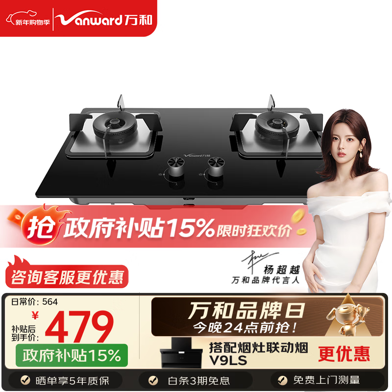 万和【蓝莲花B9L50】5.2kW天然气猛火64%热效率以旧换新嵌入式家用煤气双炉具台燃气灶