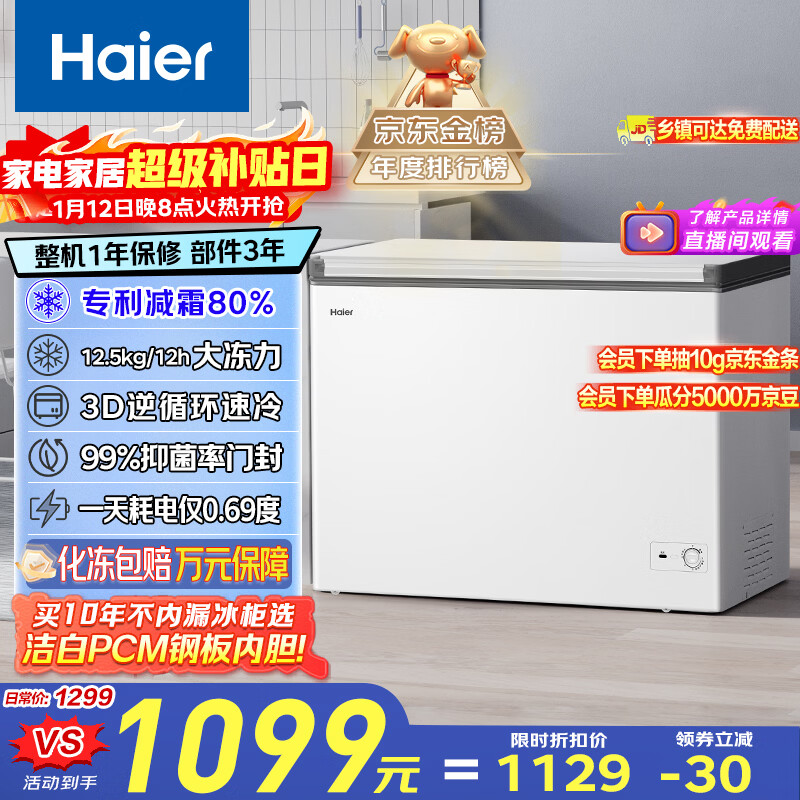 海尔（Haier）300L单温冰柜小型家用小冰柜商用冷藏冷冻两用转换冷柜小冰箱减霜一级能效BC/BD-300GHPDZ