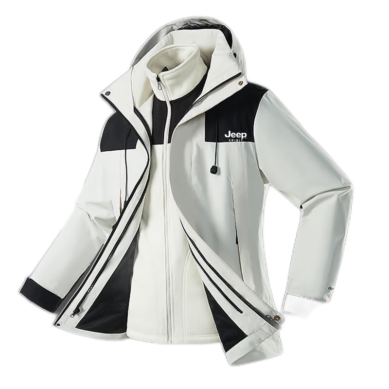 JEEP SPIRIT吉普冲锋衣男秋冬夹克冬季外套三合一防风连帽登山服 象牙白 L
