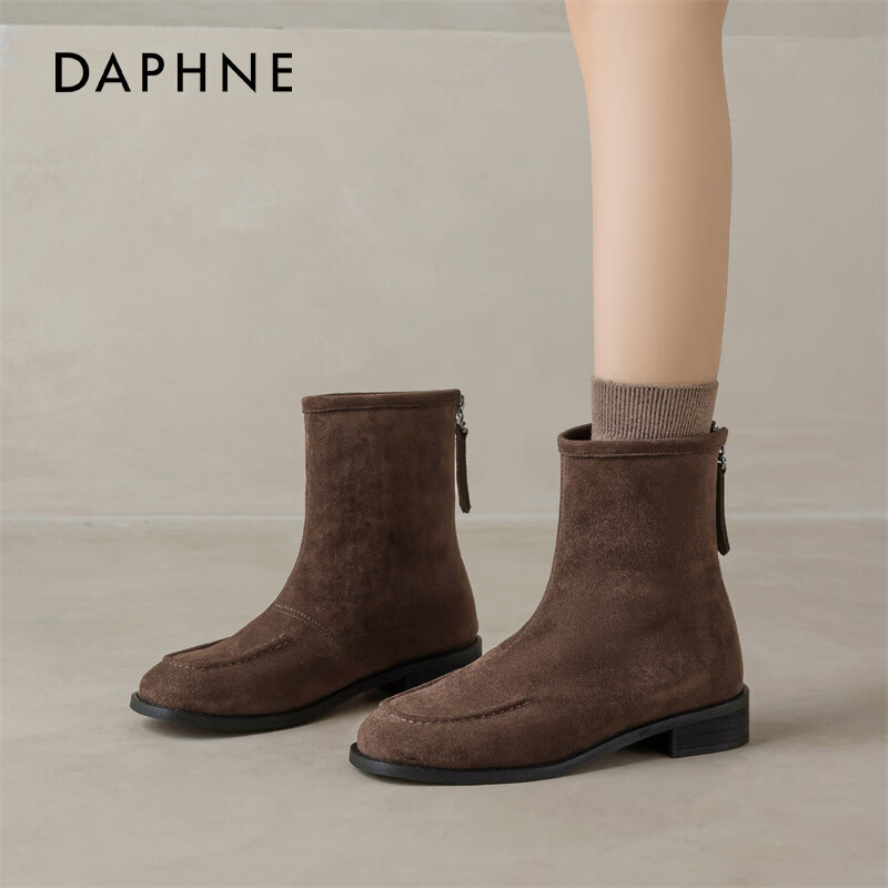 达芙妮马丁靴女2025新款冬季百搭厚底短靴子显瘦显腿长西部骑士靴 咖色 37