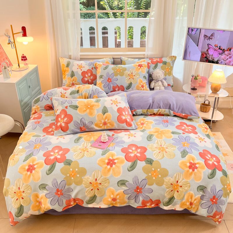 雅鹿冬季亲肤透气牛奶绒印花四件套 绚烂 1.8m四件套 床笠款 （被套200*230cm）