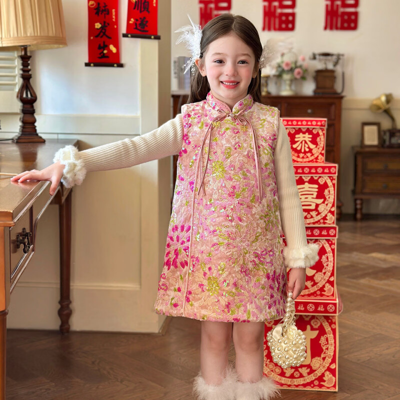 栀了成长记童装女童新中式刺绣背心裙2025冬季儿童国风夹棉连衣裙 粉色 背心裙 100 cm