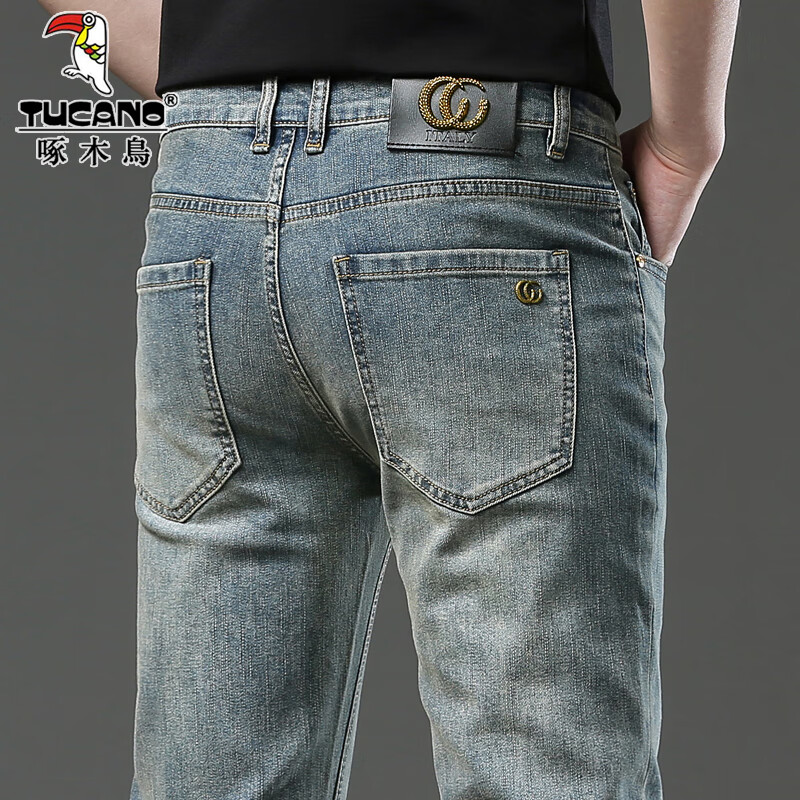 啄木鸟牛仔裤男秋冬新款男士潮流修身小脚裤子男商务休闲高端百搭长裤子 FK-939复古色 28