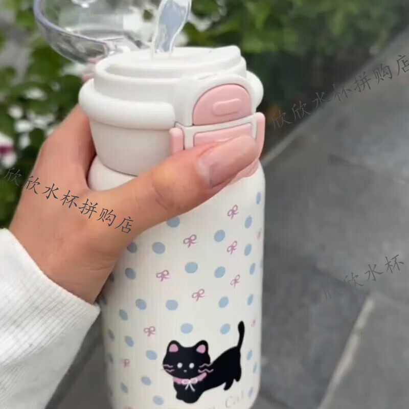 小猫保温杯女生 高颜值大容量316不锈钢学生可爱秋冬双饮吸管水杯 蓝色星球小猫保温杯500ml