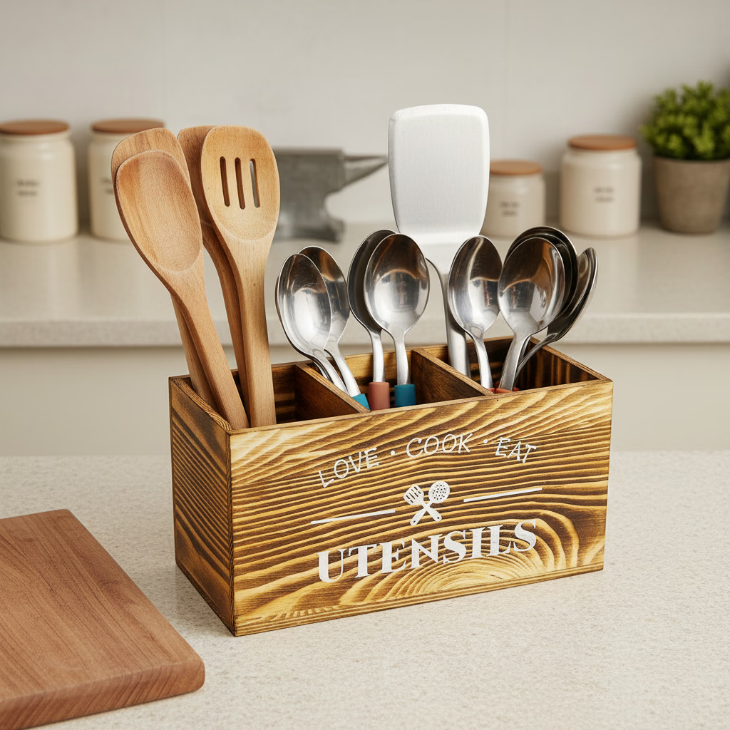 欧式刀叉收纳盒 家用厨房分格分类木质整理盒 筷子勺子餐具置物架 灰色(长30CM,宽12CM,高17CM)