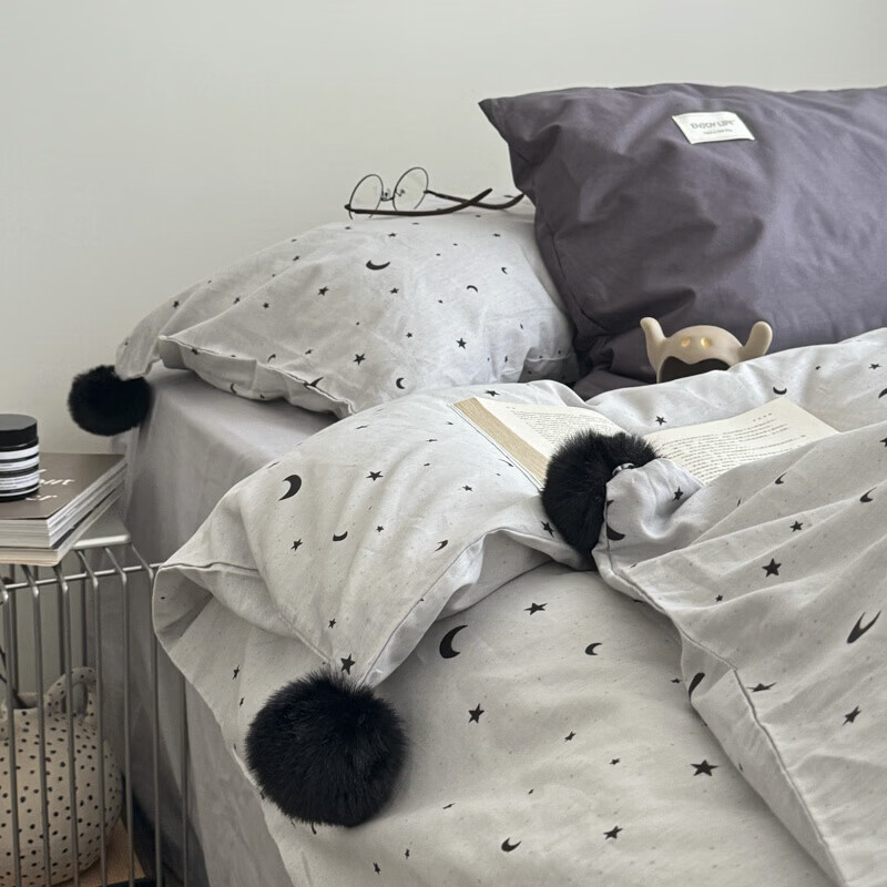 水星家纺四件套纯棉全棉亲肤棉裸睡撞色床单被套床笠款床上用品 星月银灰-混搭款 床笠款 1.8m被套加大四件套