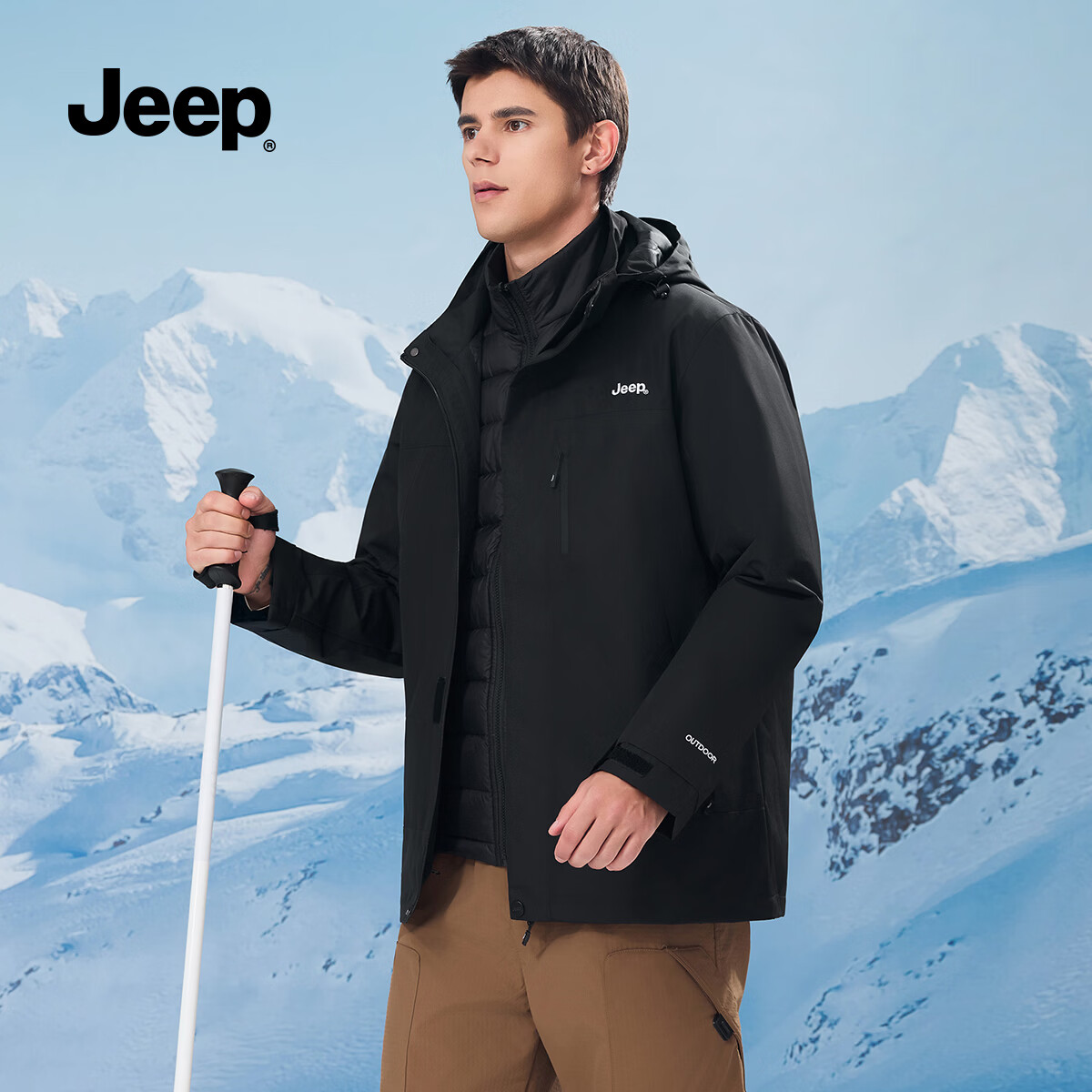 JEEP男装秋冬季新品男士户外运动三合一冲锋夹克上衣休闲连帽加绒外套 黑色 /羽绒内胆 3XL