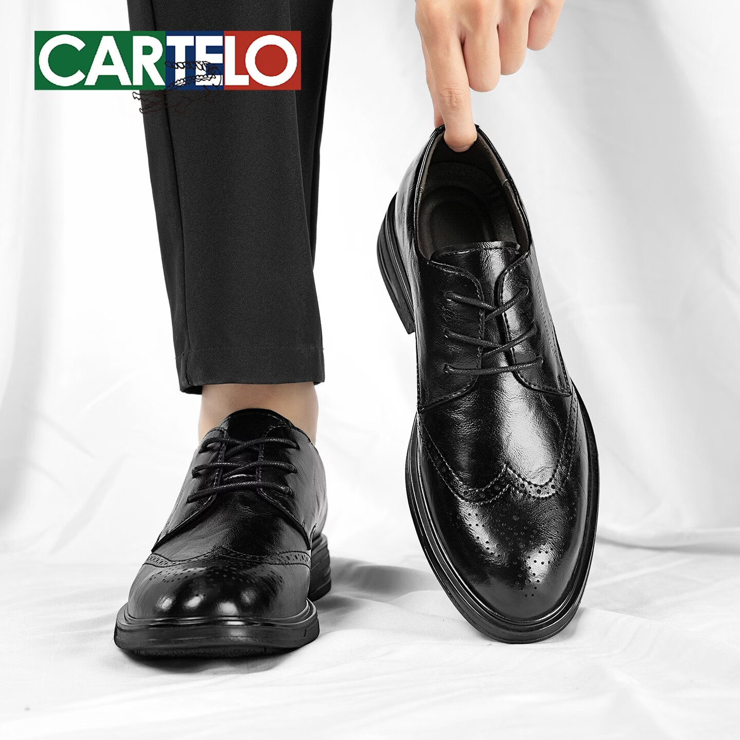 卡帝乐鳄鱼(CARTELO)棕色皮鞋男布洛克商务英伦风德比鞋男时尚软底新郎婚礼增高正装鞋 黑色 44 (270mm) 标准皮鞋尺码