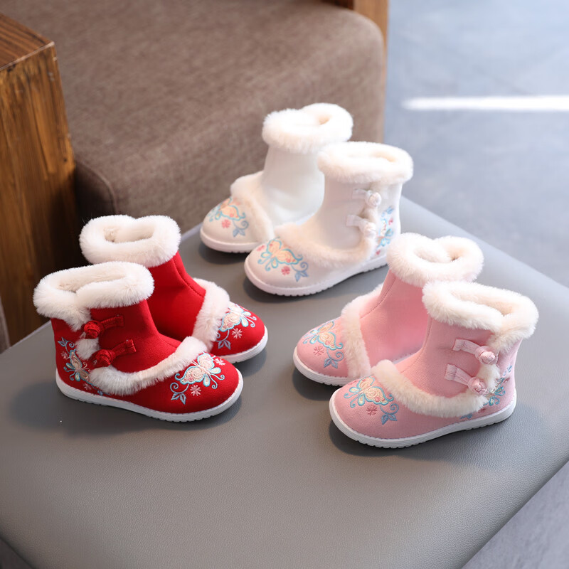 【厂家直供】冬季女童汉服鞋子老北京布鞋古风儿童绣花鞋加绒短靴 白色A5163 36 码/内长22.3cm