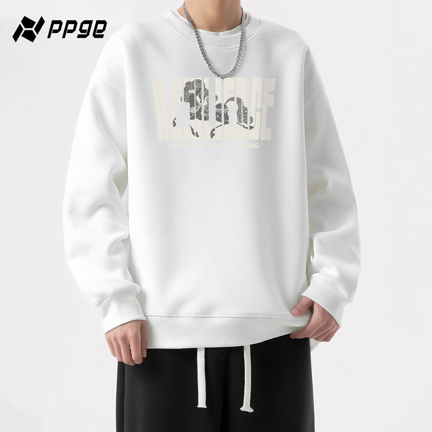 PPGE卫衣秋冬季亲肤舒适挺阔有型运动保暖打底衫男女同款印花圆领卫衣 白色 M