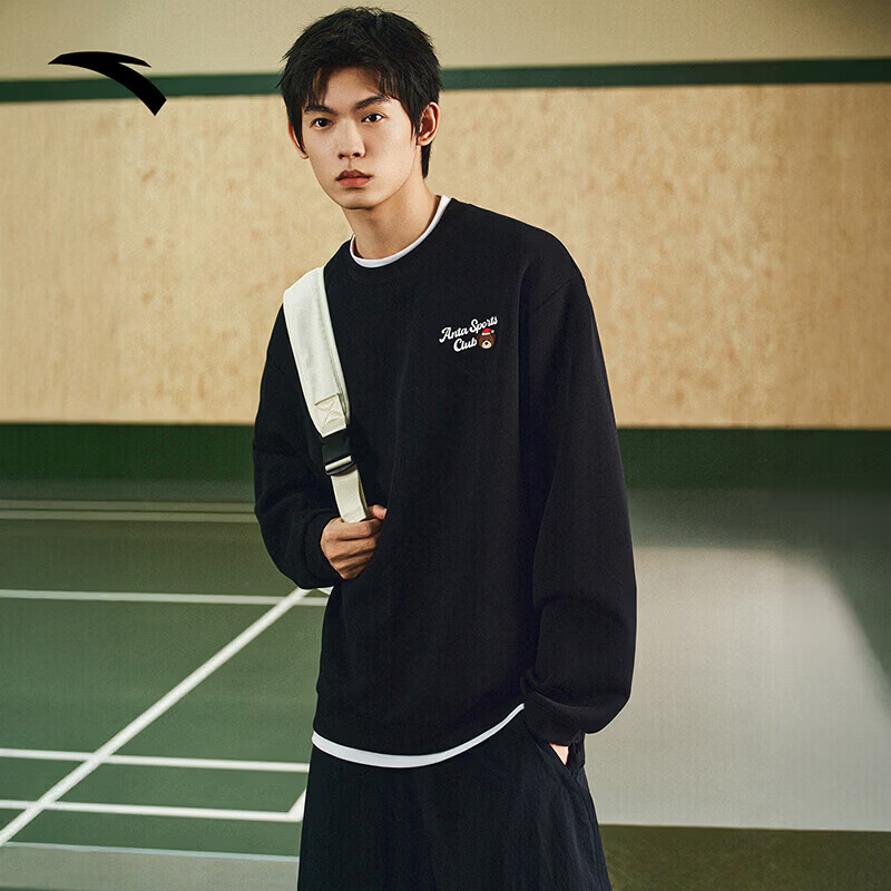 安踏（ANTA）加绒卫衣圣诞小熊系列亲肤保暖男女情侣款长袖T恤新款上衣 基础黑-3 2XL (男185)