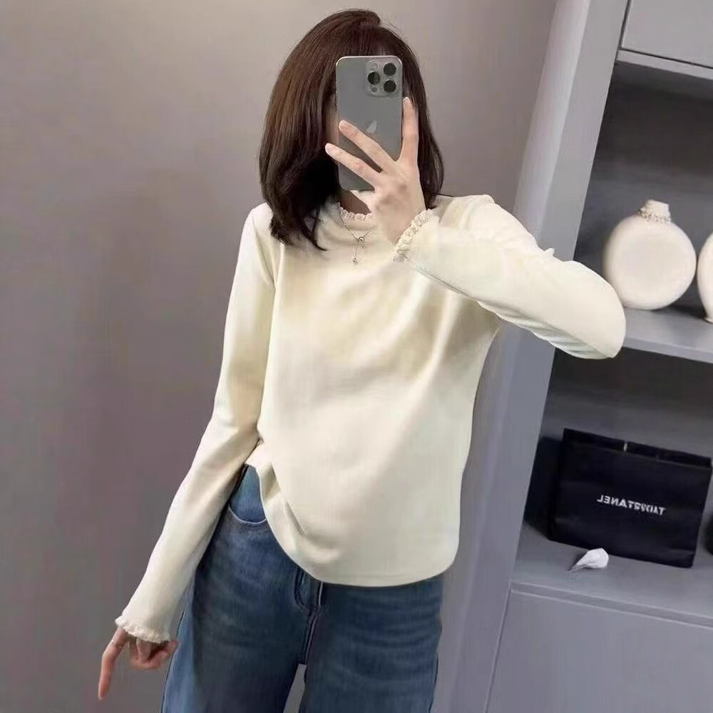 柯诗曼花边拼接半高领打底衫女秋冬双面磨毛修身设计感针织衫内搭上衣女 杏色 M (建议80-115斤)