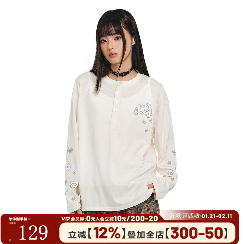 404MOBGANG亨利领纽扣防晒罩衫女2026春夏慵懒感休闲宽松刺绣长袖T恤 黑色 S