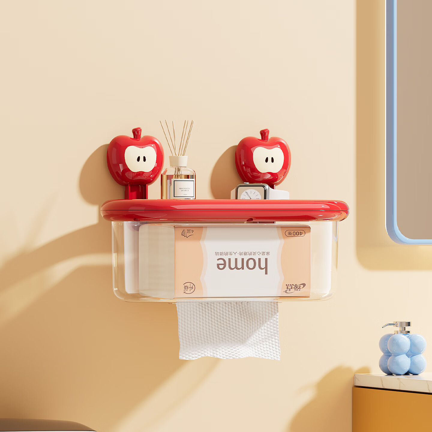 橱明星卫生间厕纸盒厕所吸盘壁挂式纸巾盒免打孔卫生纸置物架卡通抽纸盒 红苹果-吸盘式 带盖子加抽纸口【抽纸/卷纸通用】