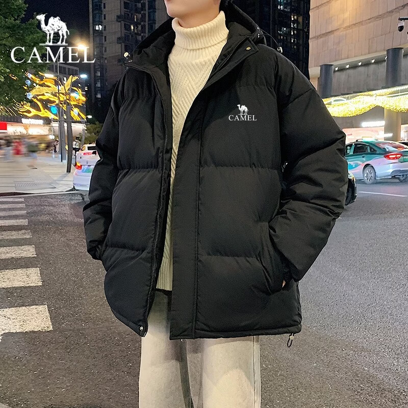 骆驼（CAMEL）羽绒服男款秋冬季加厚保暖宽松冬装棉袄2025新款情侣连帽外套 黑色连帽 【男女同款】 M 建议90-115斤