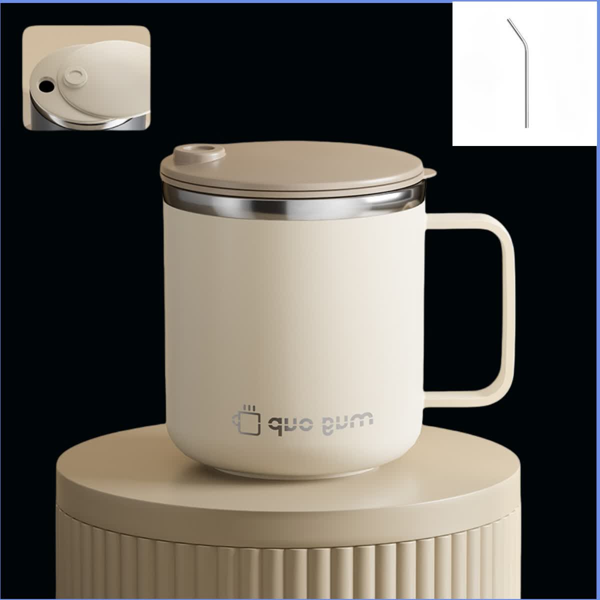 【厂家直发】不锈钢水杯带盖防烫防摔马克杯学生牛奶咖啡杯办公礼 升级推盖款【奶白色】马克杯+吸管 400ML【带彩盒】