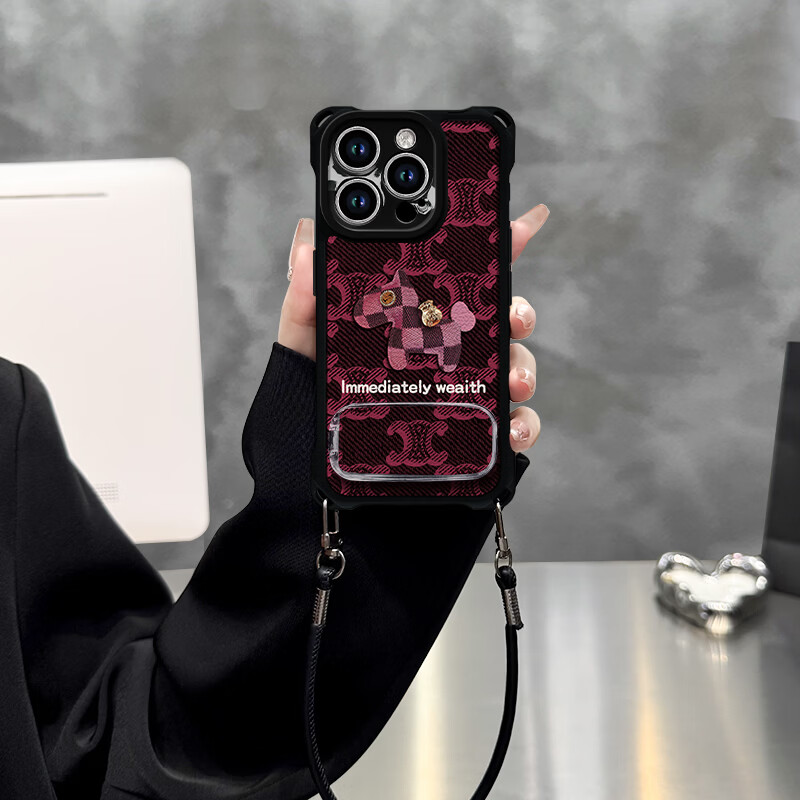 御高适用【苹果16Promax】英文小马四角挂绳皮纹手机壳防摔保护套 四角挂绳-英文小马+支架+手绳 苹果16Promax