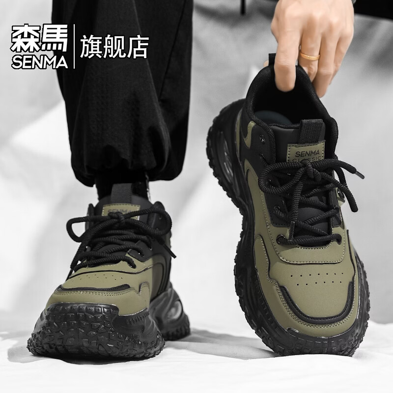 森馬高帮男鞋2026新款春季户外运动厚底防滑老爹鞋男士休闲工装马丁靴 黑绿【基础款】 39 标准码数/现货秒发