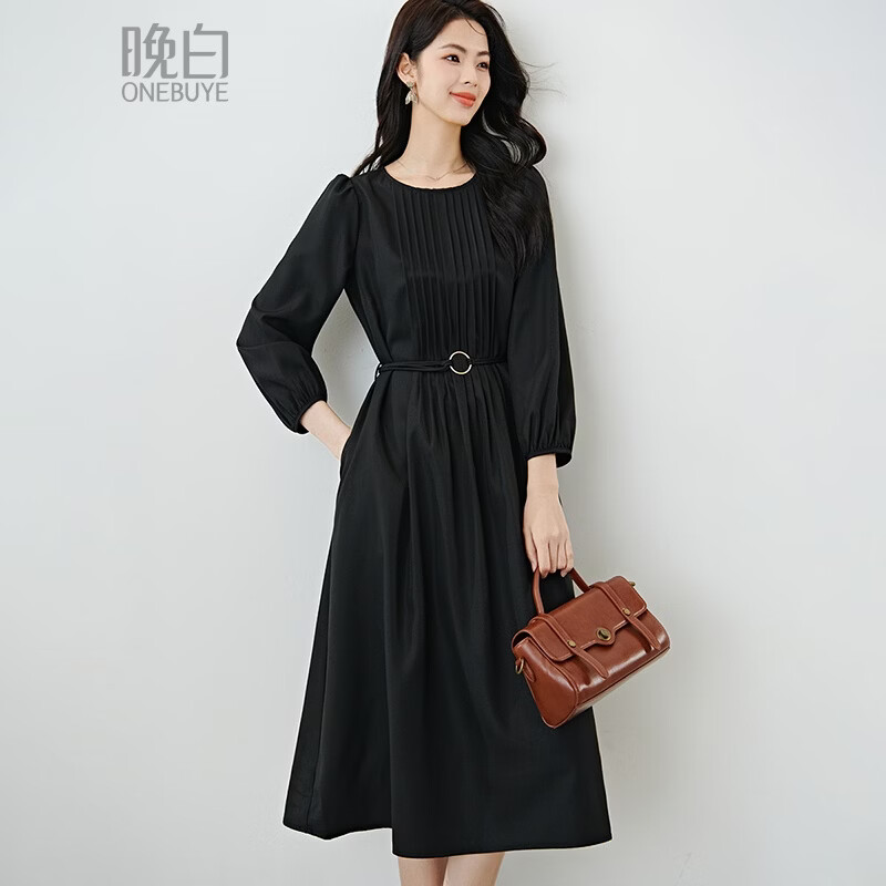 晚白2026年春款气质圆领大摆风琴褶裙子系带收腰显瘦利落通勤连衣裙 黑色 S
