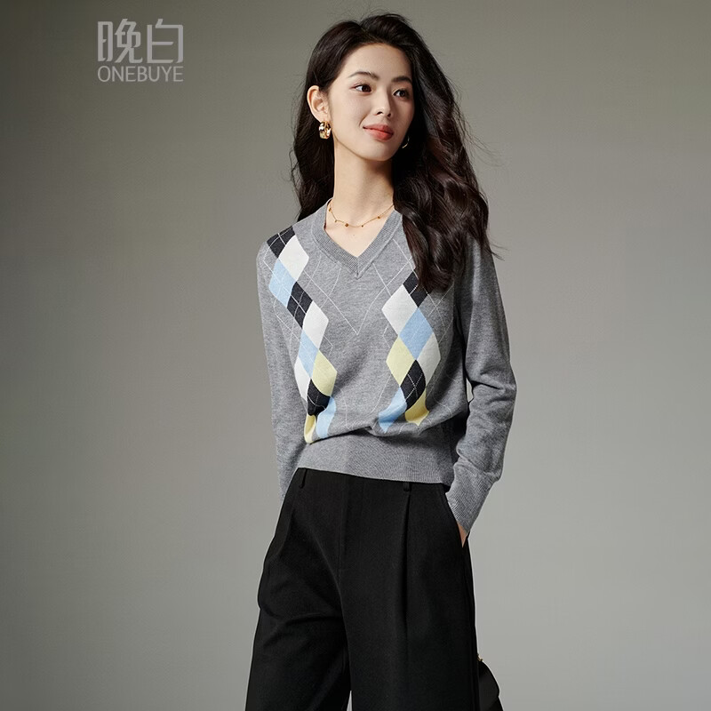 晚白【断码清仓】2026春季今年流行洋气V领修身上衣百搭套头针织衫女 花灰色 M