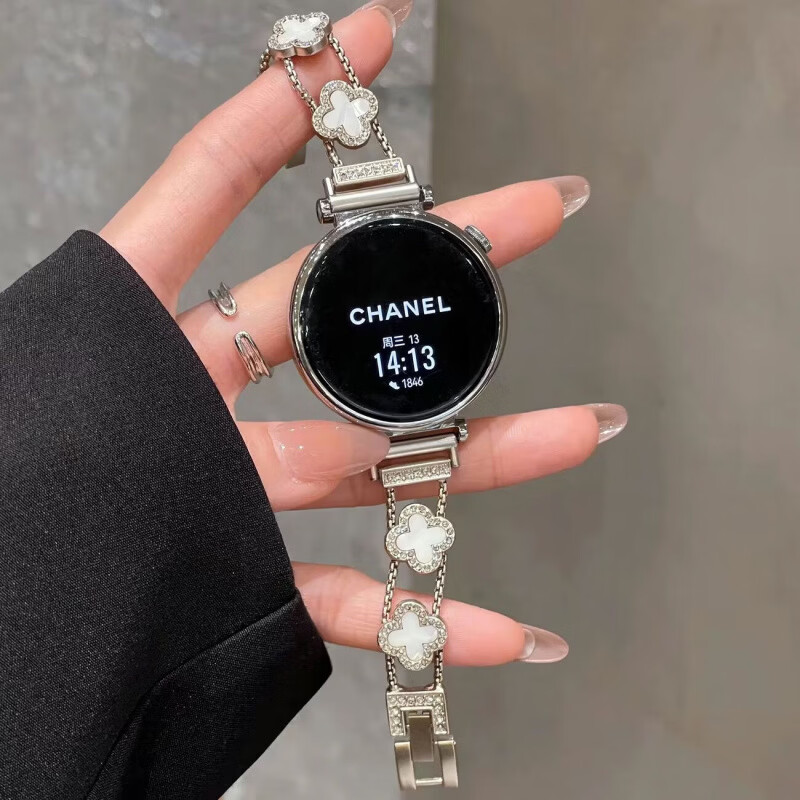 适用华为watch5手表带新款gt6细款四叶草链条感女款表带 四叶草-黑黑【表带】 华为Watch5 46mm